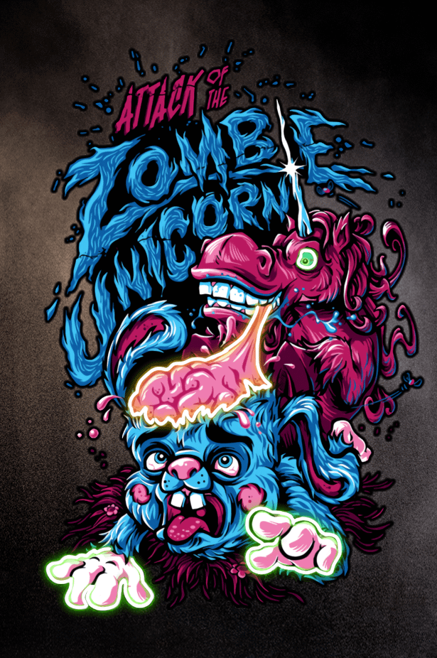 Attack av zombie-enhörningen regnbågar dör sist