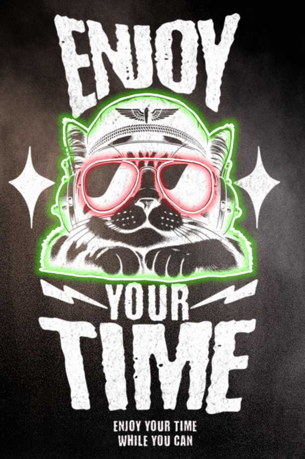 Cool Kattpilot - "Enjoy Your Time" Poster med Neon-Detaljer