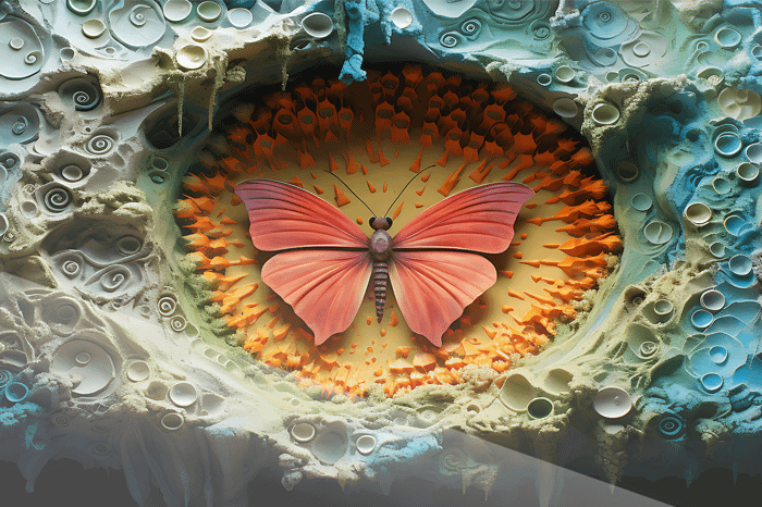 Korallröd Neonfjäril i Fantasilandskap