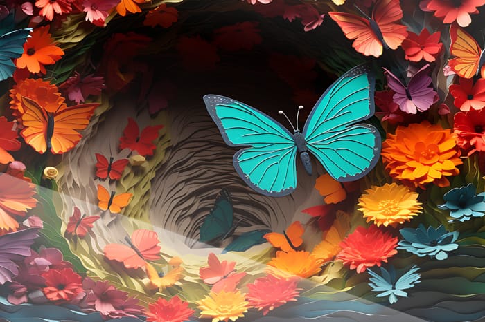 Turkos Neonfjäril i Blommig Drömgrotta