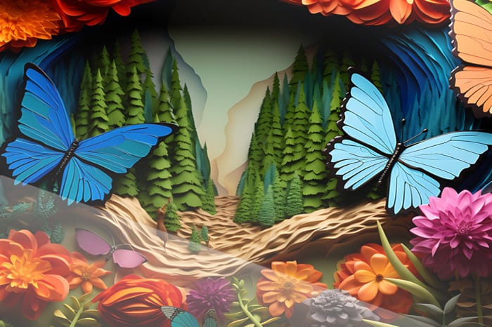 Blå Neonfjärilar över Skogslandskap