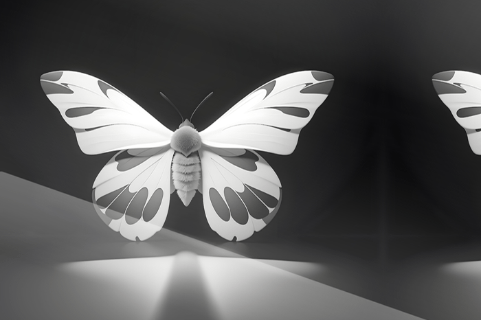 Neonfjäril i svartvitt dramatik