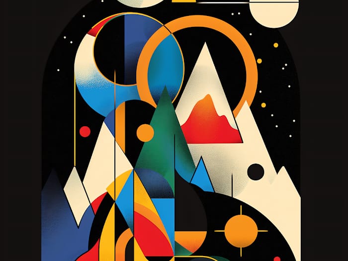 Neon Tavla Abstrakt Geometrisk med Berg och Himlafenomen