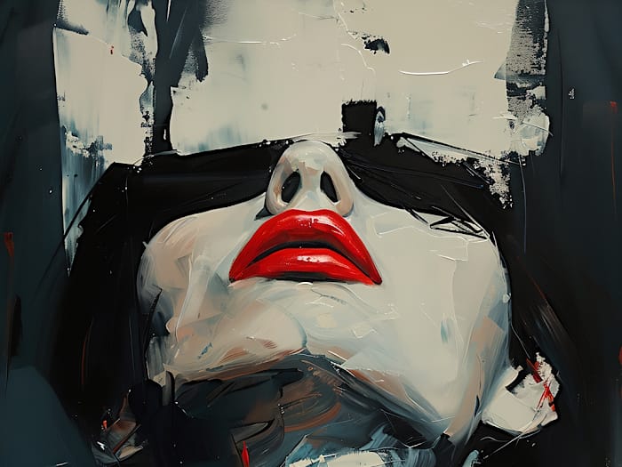 Neon Tavla Modern Målning med Röda Läppar och Djärv Kontrast