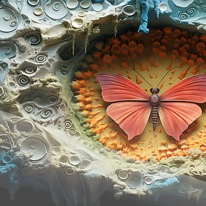 Korallröd Neonfjäril i Fantasilandskap