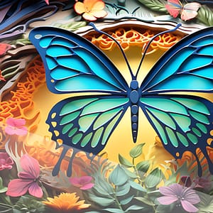 Blå Grön Fjäril i Elektrisk Blomsterdröm