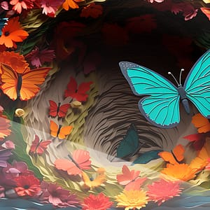 Turkos Neonfjäril i Blommig Drömgrotta