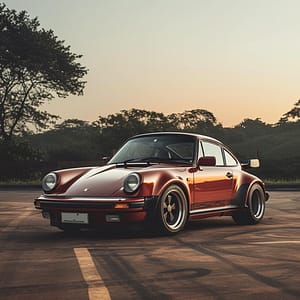 porsche 930 turbo, neonklassiker, röd sportbil, retroväggkonst, epoxykonst, solnedgångsbil, vintagebil i neon, varm neonbelysning, klassisk bilposter, bilkonst med ljus