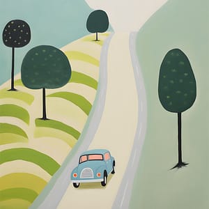 På Väg Blå Bil i Landskap